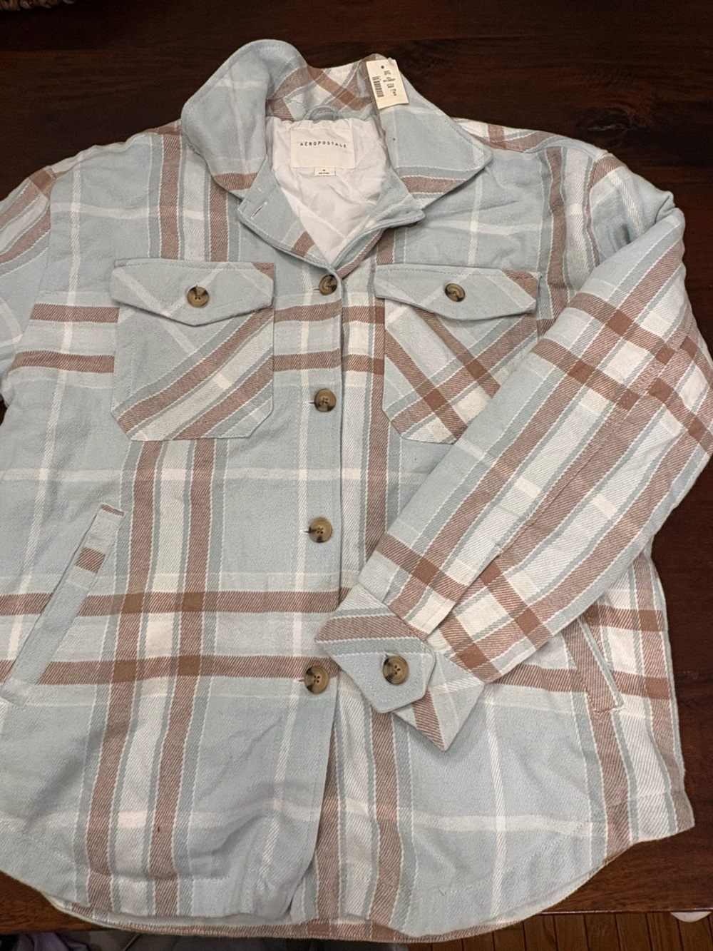 Aeropostale Light Blue and Tan Plaid Quilted Jacket